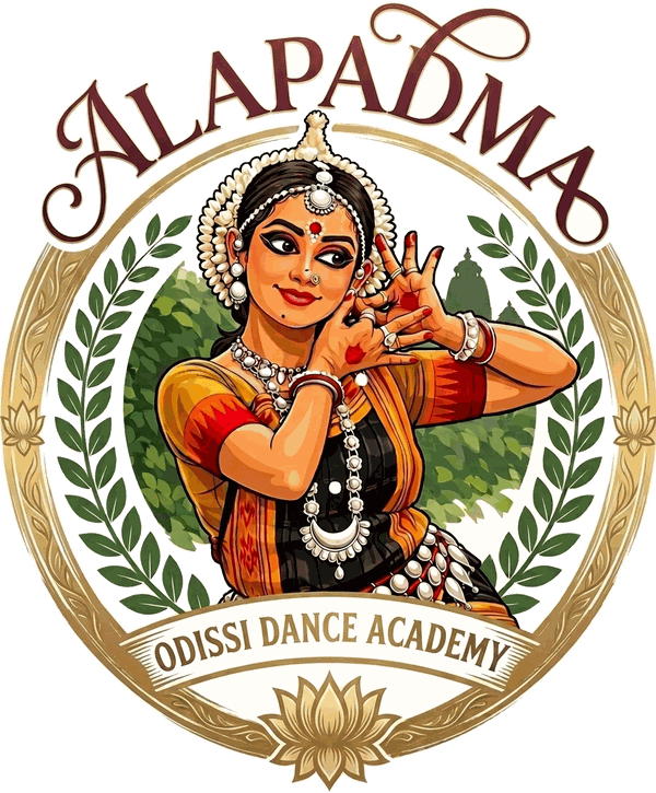 The Alapadma Odissi Dance Academy emblem: an Odissi dancer framed by laurels and a golden lotus