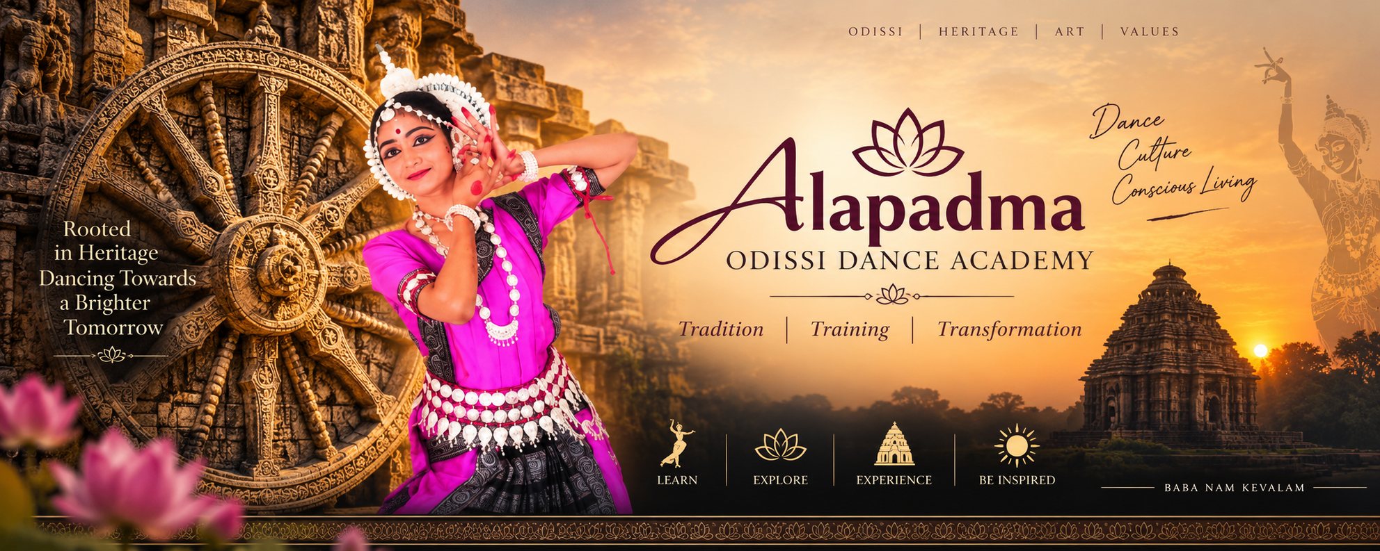Alapadma Odissi Dance Academy banner with a dancer before the Konark Sun Temple at sunset
